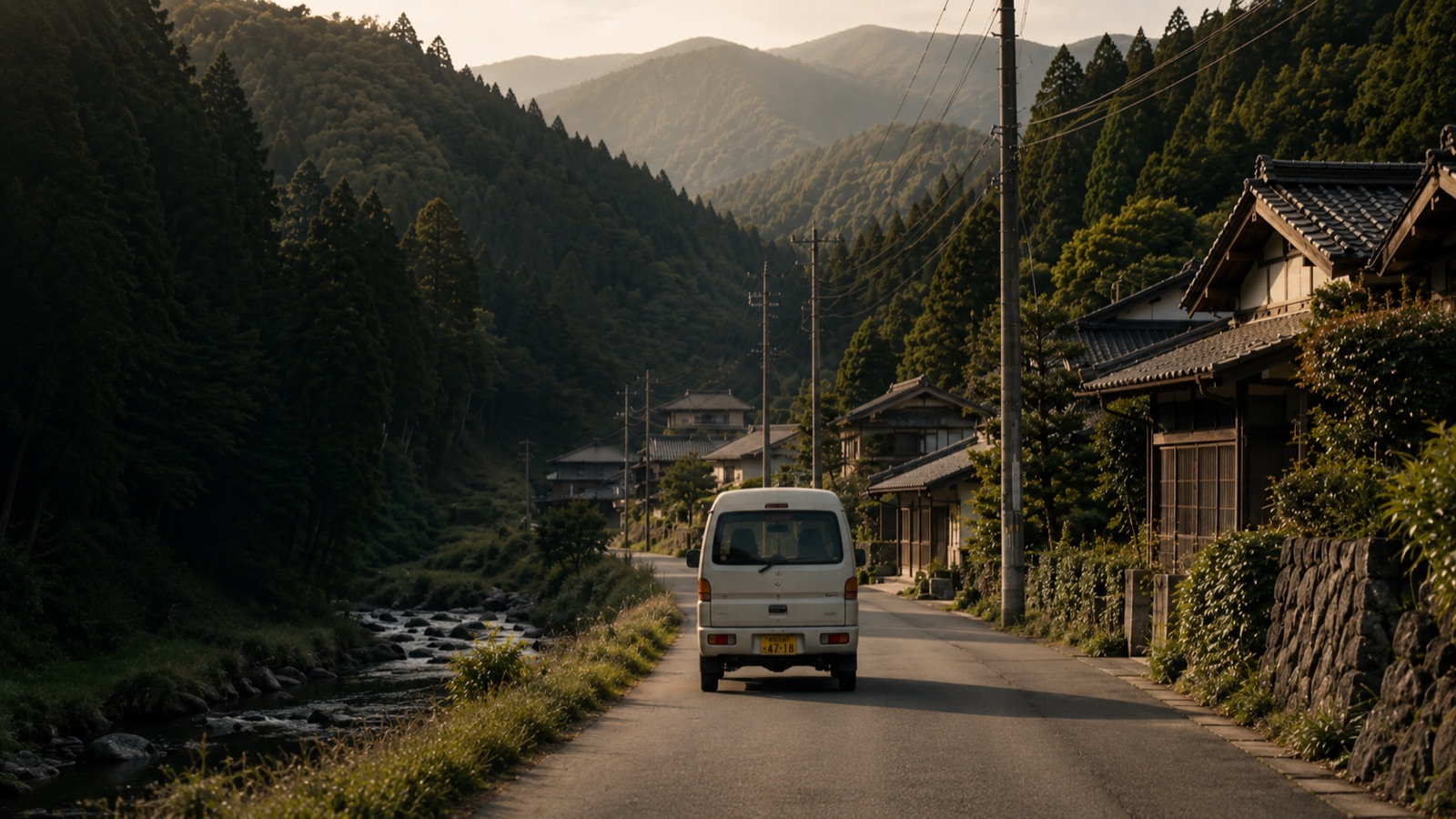 山あいの集落の道を、新聞配達車が住民のもとへ巡る風景