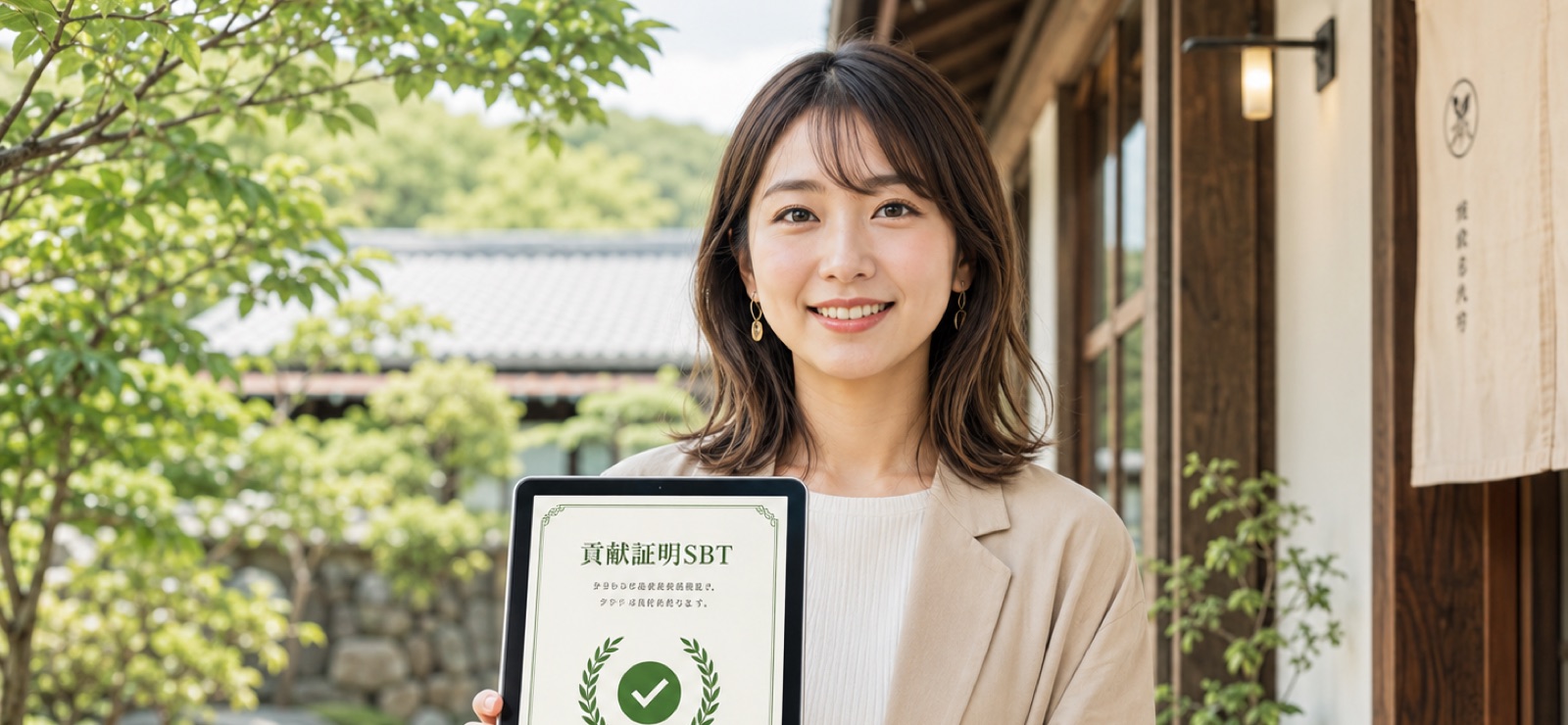 古民家の庭先で、都市部人材が貢献証明SBTを手にする様子