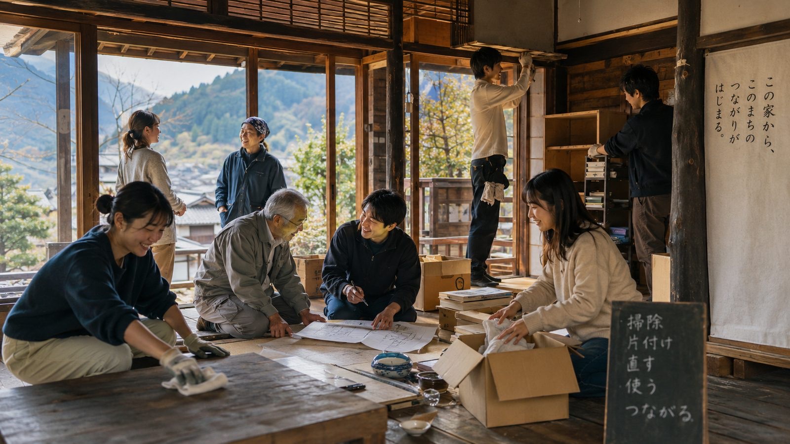 古民家の空き家で、都市部人材と地域の人が片付けと再生に共に取り組む様子