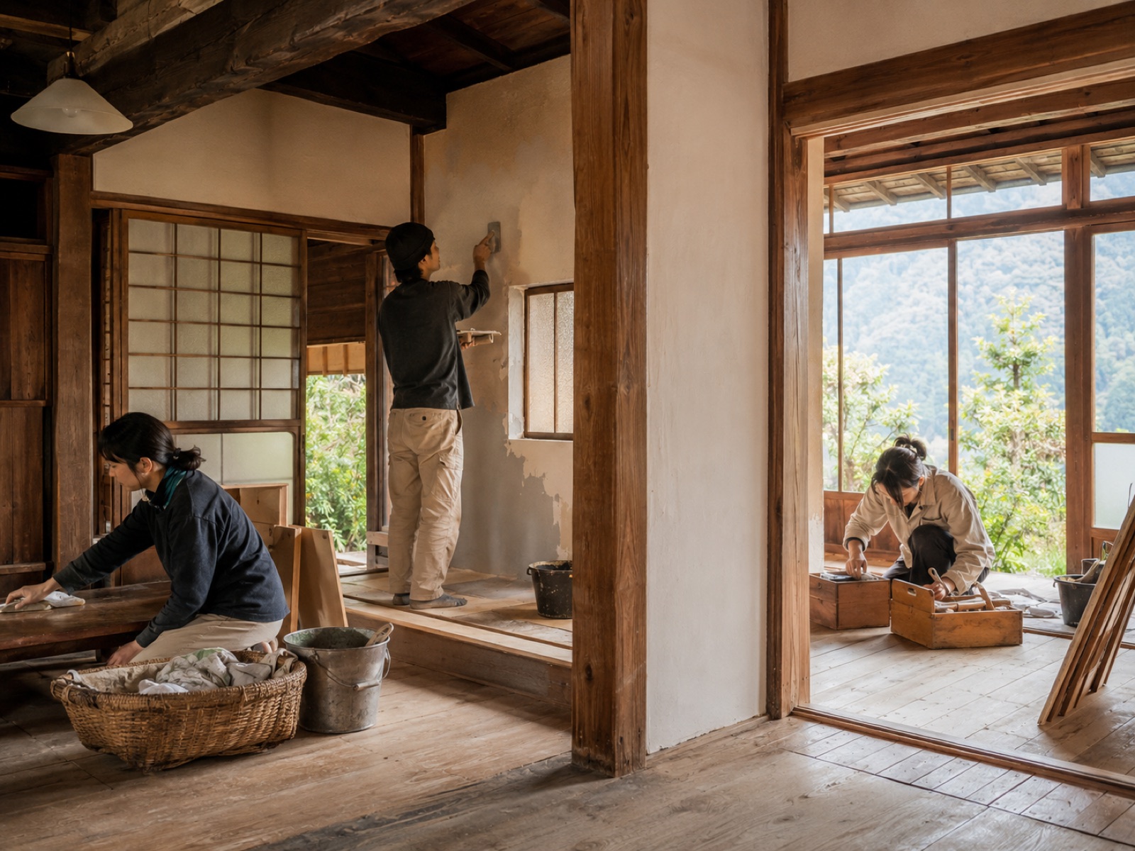 空き家の片付けと修復に取り組む人たち