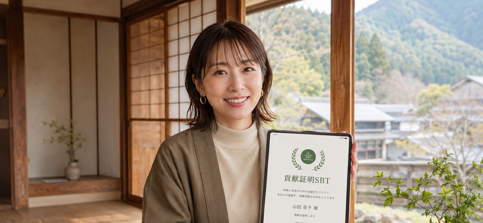 古民家の室内で、都市部人材が貢献証明SBTを手にする様子