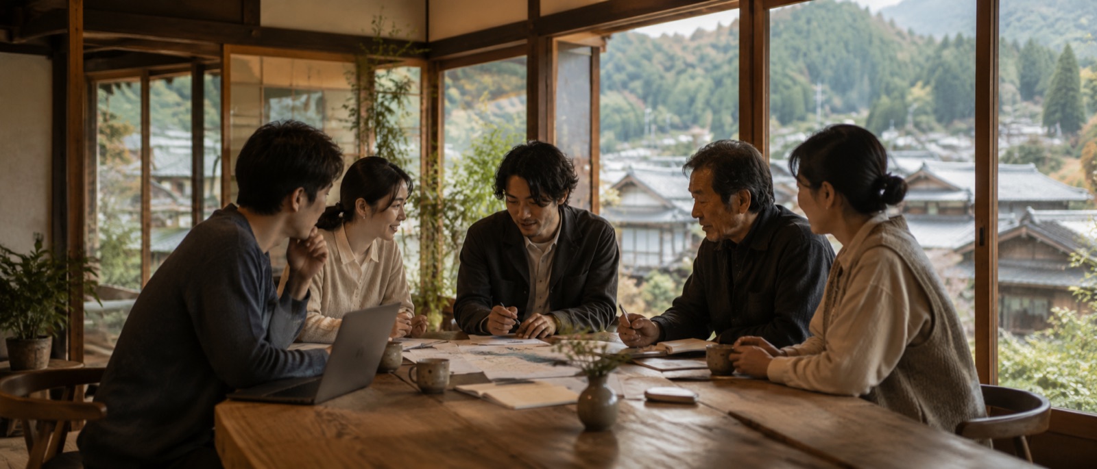 古民家の一室で、都市部人材と地域の人がテーブルを囲みテーマ設計を話し合う様子